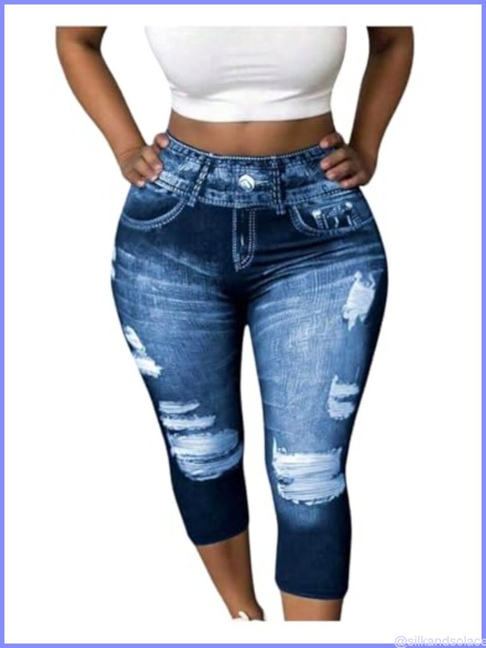 Plus Size Denim Print Capri Leggings High Waisted Stretch Pants